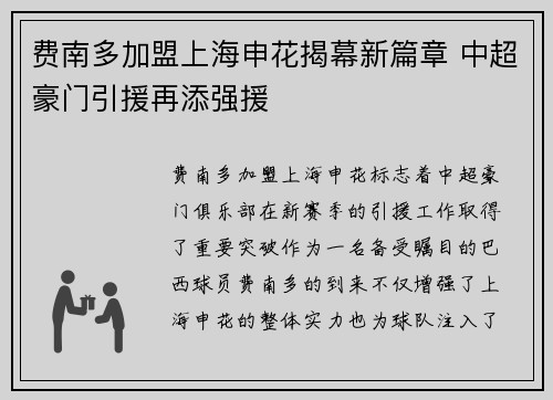费南多加盟上海申花揭幕新篇章 中超豪门引援再添强援